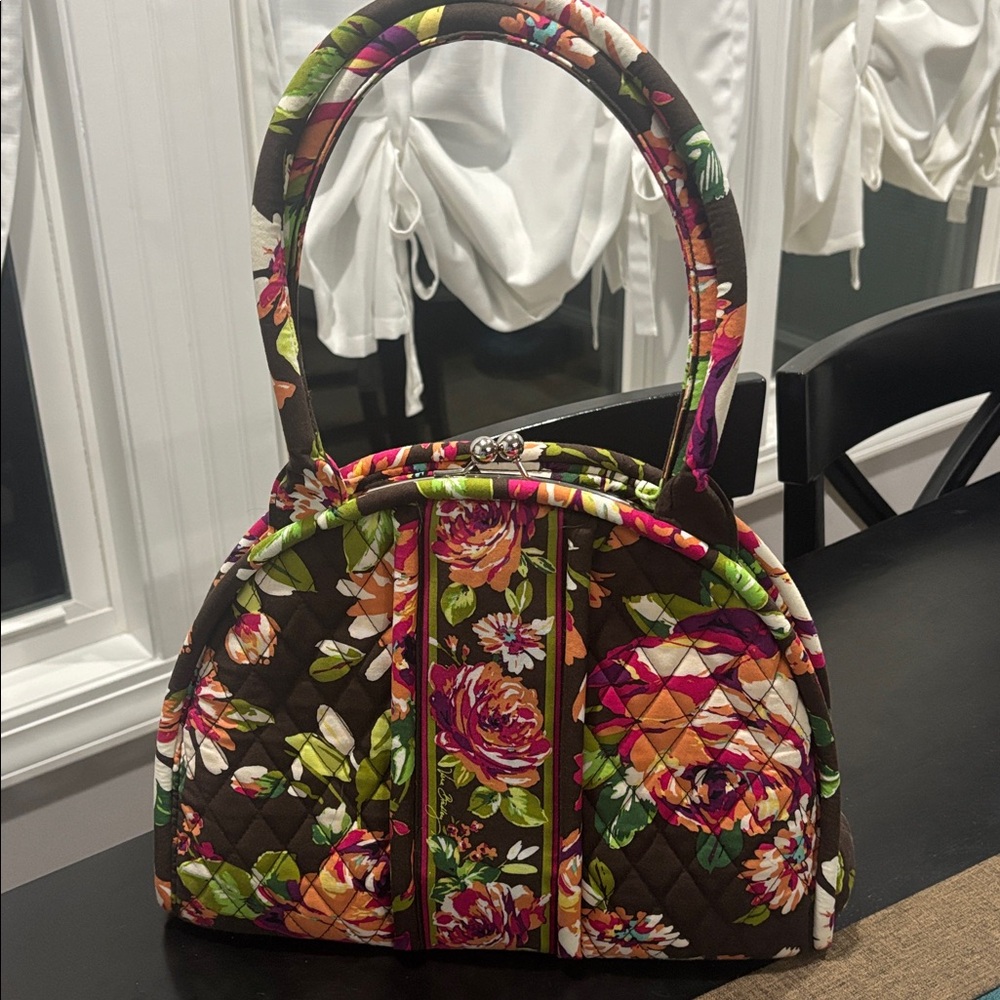 VERA BRADLEY Large Bowler Kisslock Satchel Mod Floral Pink Brown-Retired Pattern - Picture 5 of 14